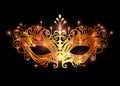 Golden Venetian mask realistic with laser cut gold embroidery. Stylish Masquerade Party. Mardi Gras card invitation. Night Party