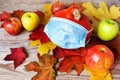 A mask on autumn pumpkin with colorful leaves, healthcare and hygiene concept