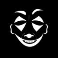 Mask of a cheerful clown. Laughing joker. The stage character of the actor of cinema, theater, circus. Black poster with white