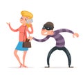 Mask Criminal Male Thief Stealing Purse from Hapless Female Girl Character Isolated Icon Cartoon Design Template Vector