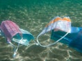 Mask, danger environment, coronavirus, underwater, disposable, sea, plastic, floating, ocean, contamination, pollution, face mask, Royalty Free Stock Photo