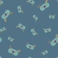 Mask deer blue color with brown horns chaotic seamless pattern on dark blue background. Children graphic design element for