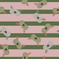 Mask deer green and gray color chaotic seamless pattern on striped pink and green background. Children graphic design element for