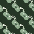 Mask deer light green color geometric seamless pattern on dark green background. Children graphic design element for different