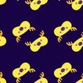 Mask deer yellow color geometric seamless pattern on dark purple background. Children graphic design element for