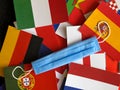 Mask on the flags of the world and Europe, for sports. Medical blue mask. Tourist trip Royalty Free Stock Photo