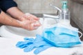 Mask, gloves and hand washing to prevent the Coronavirus infection. Covid-19 pandemic prevention Royalty Free Stock Photo