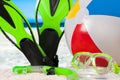 Mask goggles with snorkel and flippers on the beach Royalty Free Stock Photo