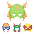 Mask on the head, helmet.Mask super hero set collection icons in cartoon style vector symbol stock illustration web. Royalty Free Stock Photo