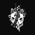 mask kitsune illustrasi with fire black and white