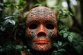 Mask of the Mayan and Aztec tribe in the foliage of tropical plants. Generative AI