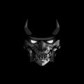 Mask of a samurai with horns and glowing eyes on a black background Royalty Free Stock Photo