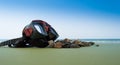 Mask scuba dive with sea shells on the sea coast. blue green background Royalty Free Stock Photo