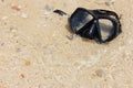 Mask for scuba diving lies on the sand. Tourism and active rest