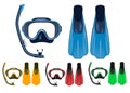 Mask, Snorkel and Fins 3D Realistic Set with Different Colors for Snorkeling, Free Diving and Scuba Diving Activities Royalty Free Stock Photo