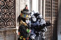 The two carnival costumes near the iron gates. Royalty Free Stock Photo