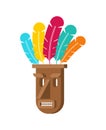 Mask totem isolated. tribal idol god. Wooden mask with colored feathers. vector illustration