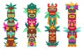 Mask totem poles. Traditional tribal sculptures, island tiki gods faces and wooden totemic statues vector set Royalty Free Stock Photo