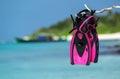 Mask with tube for snorkeling and flippers on the beach