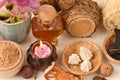 Mask Wan-chak-mot-luk (Thai name) (Curcuma xanthorrhiza Roxb.), Tamarind, soft-prepared. chalk and honey, to help skin firming and Royalty Free Stock Photo