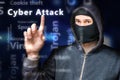Masked anonymous hacker is pointing on Cyber attack Royalty Free Stock Photo