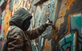 Masked artist in the process of creating vibrant graffiti on an urban wall.