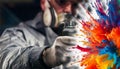 Masked Artist with Spray Can Creating Vibrant Explosion of Color