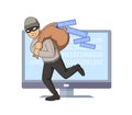 Masked burglar jumping out of computer with bag of code on his shoulder. Flat vector illustration. Isolated on white