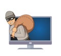 Masked burglar jumping out of the monitor with bag on his shoulder. Criminal character on TV. Flat vector illustration