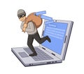 Masked burglar jumping out of notebook with bag of code on his shoulder. Flat vector illustration. Isolated on white