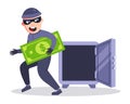 masked burglar opened safe and stole money.