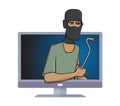 Masked burglar with a pry bar standing out from computer monitor. Robber with the puller in your computer. Comic vector Royalty Free Stock Photo