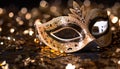 Masked celebration, glittering gold costume, shiny confetti mystery generated by AI