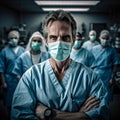 Masked male doctor looking at the camera. In the background are lots of other doctors and hospital. Created with AI Technology