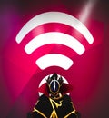 A masked cosplayer transmitting a wifi signal