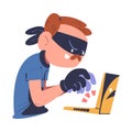 Masked cyber thief, hacker stealing data from laptop computer. Cyber security and crime, spy access, hacker attack