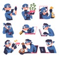 Masked cyber thief, hacker stealing privacy data and money set. Cyber security and crime, spy access, hacker attack