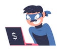 Masked cyber thief hacking computer and stealing data. Cyber security and crime, spy access, hacker attack cartoon