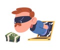 Masked cyber thief hacking computer and stealing money. Cyber security and crime, spy access, hacker attack cartoon