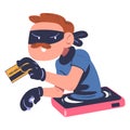 Masked cyber thief hacking smartphone and stealing credit card. Cyber security and crime, spy access, hacker attack