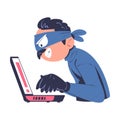 Masked cyber thief stealing private personal data and money. Cyber security and crime, spy access, hacker attack cartoon