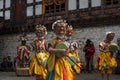 Masked dance , dancers with terrifing masks and drums , Prakar Lhakhang , Bumthang , central Bhutan