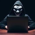 A masked data thief is using a laptop to do something in a dark room. Generative AI Royalty Free Stock Photo