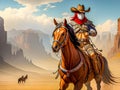 Masked desperado bandit riding horse in Wild West setting