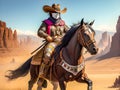 Masked desperado bandit riding horse in Wild West setting