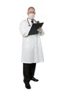 Masked doctor on white with clipboard