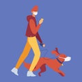 Masked dog and owner walking during coronavirus epidemic. Flat characters for covid-19