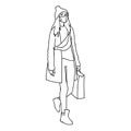 Masked girl with long hair in beanie hat, cloak and sneakers takes a walk. Vector illustration in simple linear style