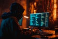 An masked hacker sitting in front of a screen and coding. orange blurred aesthetics. Cybersecurity, access control Royalty Free Stock Photo
