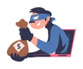 Masked hacker stealing personal money from computer. Cyber security and crime, hacking and phishing concept cartoon